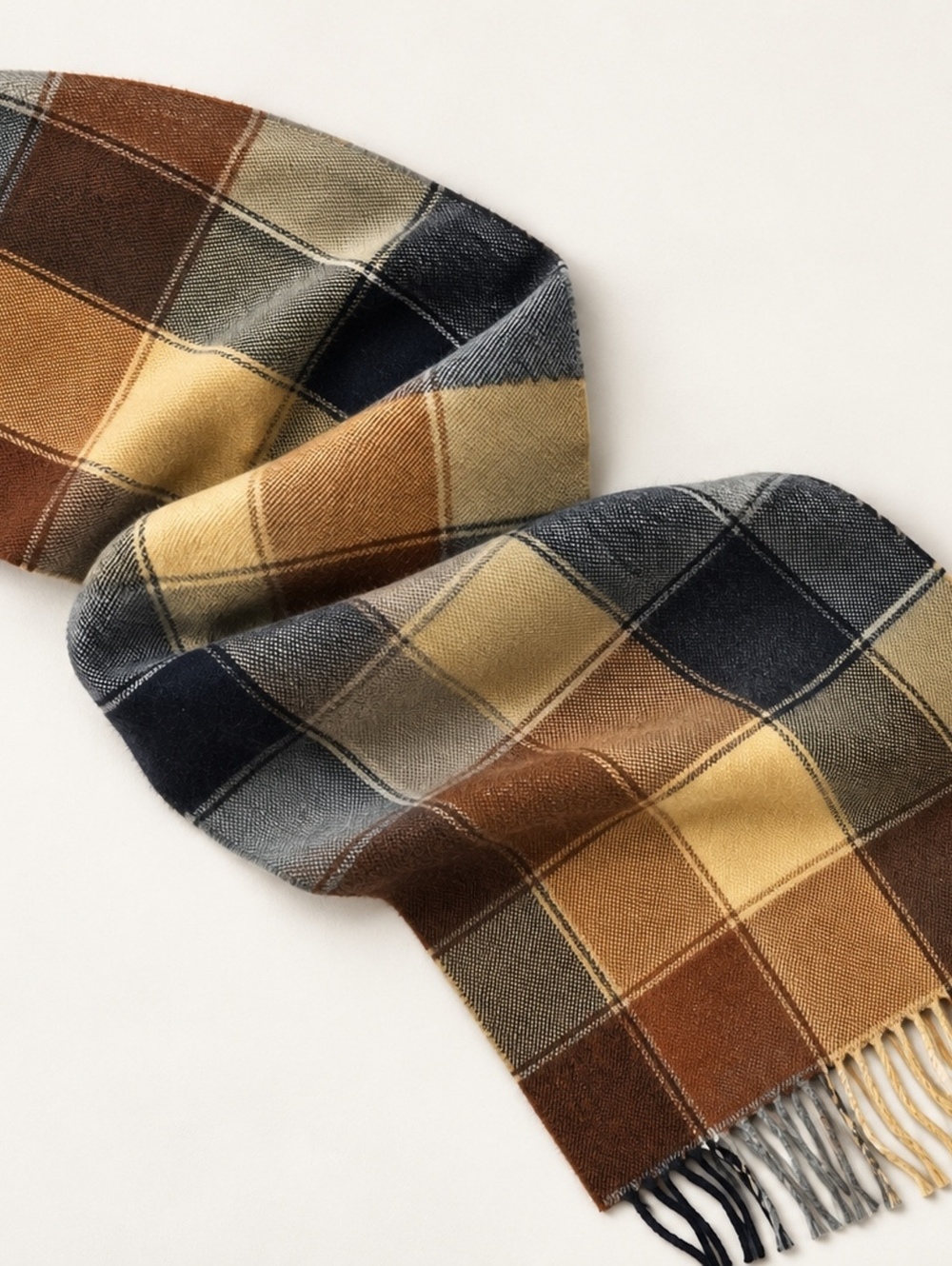 100% Cashmere Plaid Fringe Scarf Made in Scotland Mustard Brown Gray Unisex